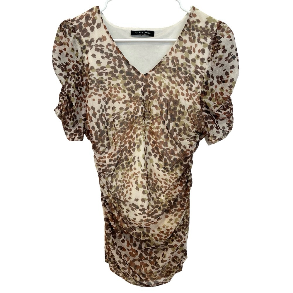 Cable Gauge Womens XS / S Blouse Animal Print Top Ruched Sides Sheer Lined VNeck